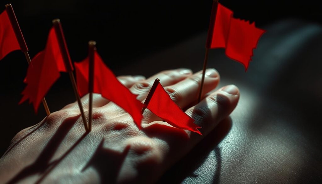 A scene of delicate red flags gently brushing against human skin, creating an unsettling sense of unease. The flags are rendered in a striking scarlet hue, their sharp points and jagged edges suggesting a subtle yet forceful touch. The skin they caress appears vulnerable and exposed, hinting at the underlying power dynamics at play. Diffused, moody lighting casts long shadows, heightening the sense of tension and discomfort. The composition is tightly framed, drawing the viewer's attention to the tactile interaction and its implicit warnings. An atmosphere of subtle menace permeates the image, reflecting the precarious nature of covert manipulation through touch.