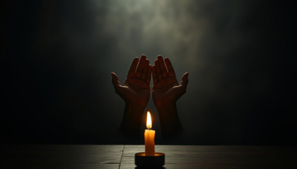 A serene, dimly lit room with a single candle flickering in the foreground, casting warm, soft light across the scene. In the center, a pair of hands, palms open and facing upward, emanating a subtle glow, symbolizing the power of trust as a source of strength and influence. The background is hazy, suggesting a sense of mystery and the unseen forces at play. The composition is balanced, with the hands drawing the viewer's eye to the core of the image. The overall mood is one of contemplation and the quiet power of interpersonal dynamics.