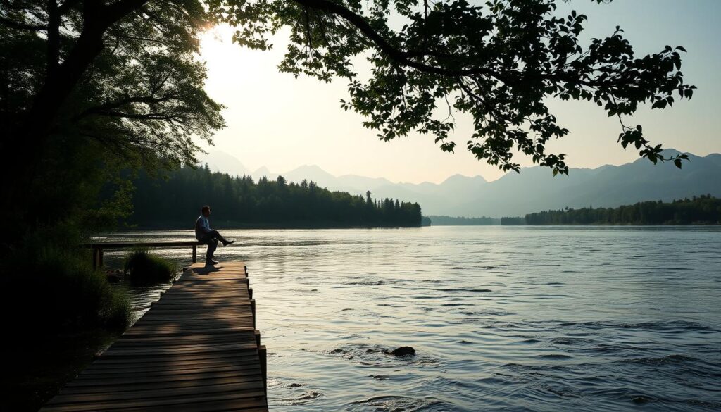A serene landscape with a gently flowing river, its surface reflecting the soft light of the evening sun. In the foreground, a wooden dock extends into the water, inviting contemplation. On the dock, a single figure sits, deep in thought, surrounded by an aura of contemplation. The middle ground features a lush, verdant forest, its canopy casting dappled shadows across the scene. In the distance, a range of majestic mountains rise, their peaks shrouded in a hazy, atmospheric light. The overall mood is one of quiet introspection, as if the viewer is drawn into the subject's thoughtful reverie.