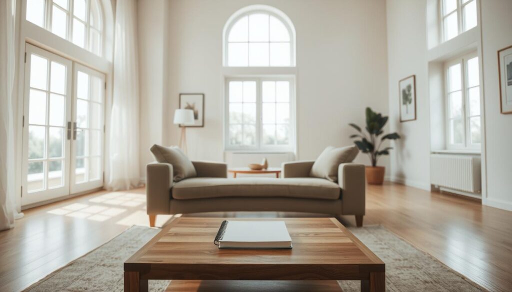 A serene living room setting, flooded with natural light from large windows. In the center, a comfortable armchair facing a wooden coffee table, creating a cozy and welcoming atmosphere. On the table, a plain notebook and a pen, symbolizing the act of observation and self-reflection. The walls are adorned with minimalist art pieces, adding depth and visual interest to the scene. The room has a neutral color palette, emphasizing the importance of finding a calm, grounded state of being. The lighting is soft and diffused, creating a sense of tranquility and focus. The overall composition suggests a peaceful, introspective environment, perfect for building one's personal baseline before making judgments.