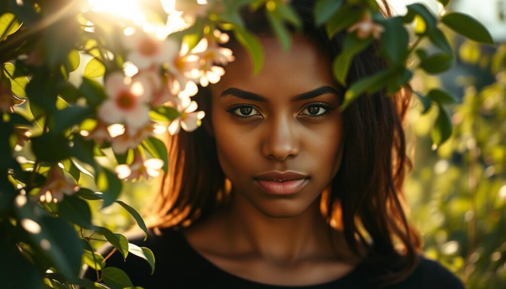 A serene, sunlit garden provides the backdrop for a figure emerging from the shadows. Delicate petals and lush foliage frame their face, symbolizing the reclamation of identity after a period of control. The soft, warm lighting casts a hopeful glow, conveying a sense of rebirth and renewed confidence. The subject's pose is one of quiet introspection, yet there is a quiet strength and determination in their gaze, suggesting the journey of rebuilding inner peace. The overall scene evokes a sense of tranquility, healing, and the reclamation of the self.