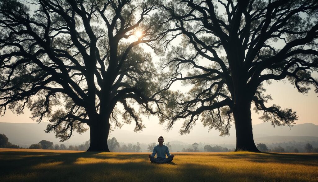 A serene, tranquil landscape where towering oak trees stand tall, their branches casting gentle shadows across a peaceful meadow. In the foreground, a lone figure sits cross-legged, eyes closed, radiating an aura of stillness and contemplation. Soft sunlight filters through the leaves, creating a warm, muted glow that envelops the scene. The background is hazy, with distant hills fading into the horizon, conveying a sense of isolation and protection. The entire composition emanates a quiet strength, a strategic defense against the chaos of the world, captured through a wide-angle lens and natural lighting.