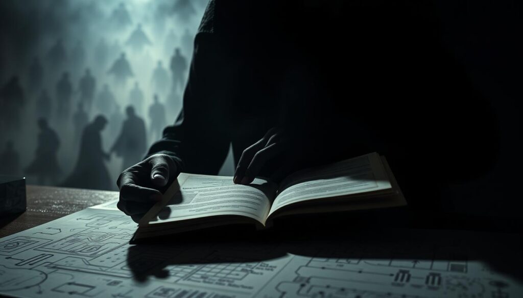 A shadowy figure cloaked in darkness, manipulating a covert playbook, their movements obscured by a veil of subtlety. In the foreground, intricate diagrams and schematics hint at the mechanics of their machinations, while the middle ground is shrouded in a hazy, unsettling atmosphere. The background fades into a maze of indistinct shapes and ominous silhouettes, suggesting a web of interconnected plots and hidden agendas. Backlighting casts dramatic shadows, emphasizing the clandestine nature of the scene, and a narrow depth of field focuses the viewer's attention on the central figure's hands, expertly turning the pages of the playbook. The overall mood is one of mystery, deception, and the calculated exploitation of human weakness.
