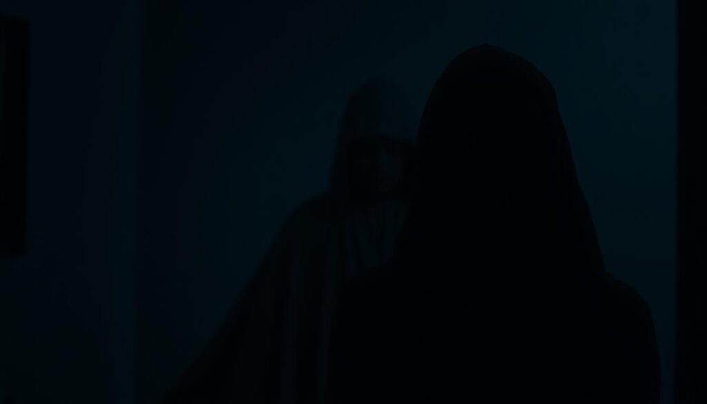 A shadowy figure lurking in the background, its ominous presence casting an unsettling aura over the scene. In the foreground, subtle cues emerge - a hesitant expression, a fleeting glance, a sudden change in behavior. Soft lighting highlights the tension, creating a sense of unease and foreboding. The overall atmosphere is one of unease, hinting at the manipulative nature of ghosting, a palpable sense of something sinister just out of reach.