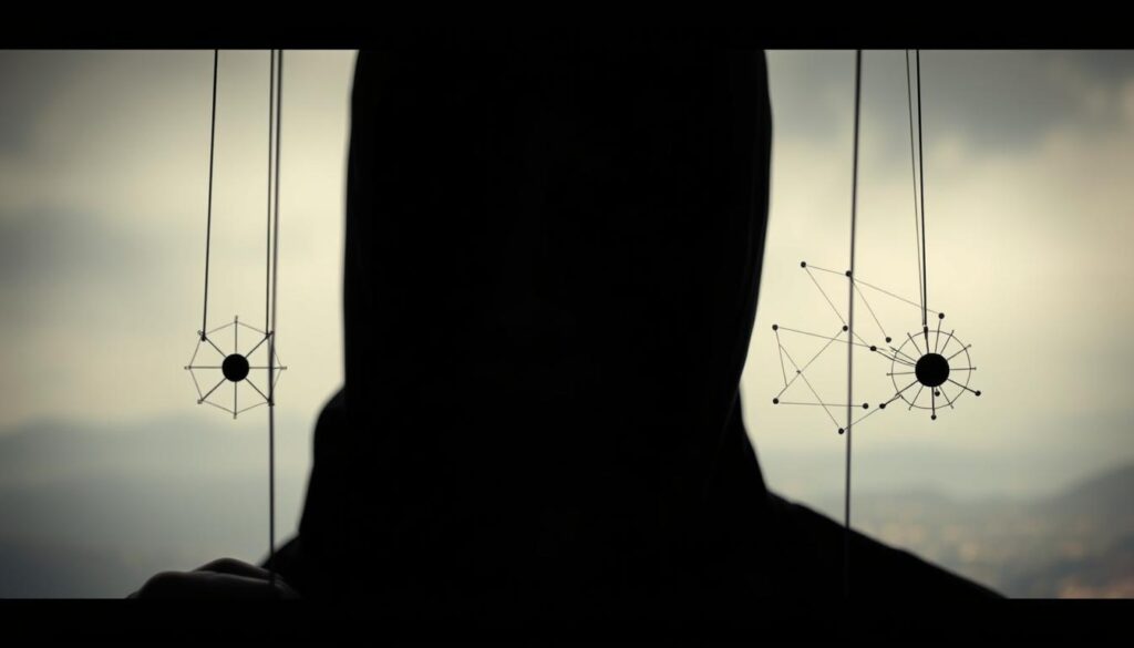 A shadowy figure pulling the strings, manipulating the attention of their unsuspecting target. In the foreground, a face obscured by darkness, eyes narrowed with calculating intent. Intricate patterns of light and shadow play across their features, creating an atmosphere of mystery and control. The middle ground reveals a fragile web of emotional connections, delicate threads that the manipulator skillfully weaves to ensnare their victim. In the background, a hazy, distorted landscape, a metaphor for the distorted reality the target is experiencing. Dramatic chiaroscuro lighting, dramatic angles, and a sense of unease permeate the scene, conveying the mechanics of attention manipulation at work.