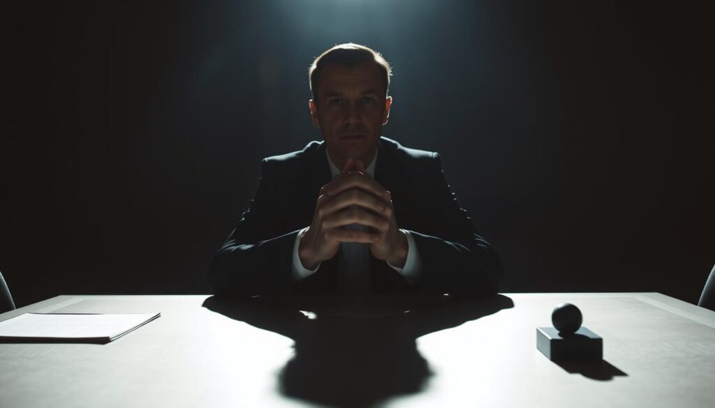 A shadowy figure sits at a table, hands clasped in a power pose. The lighting is dramatic, creating sharp contrasts between light and dark. The figure's face is partially obscured, lending an air of mystery and authority. In the background, the room is dimly lit, creating a sense of seclusion and focus. The table is meticulously organized, with a few carefully placed objects hinting at the subject's attention to detail and control. The overall atmosphere is one of subtle, calculated dominance - a masterful negotiation of space and presence.