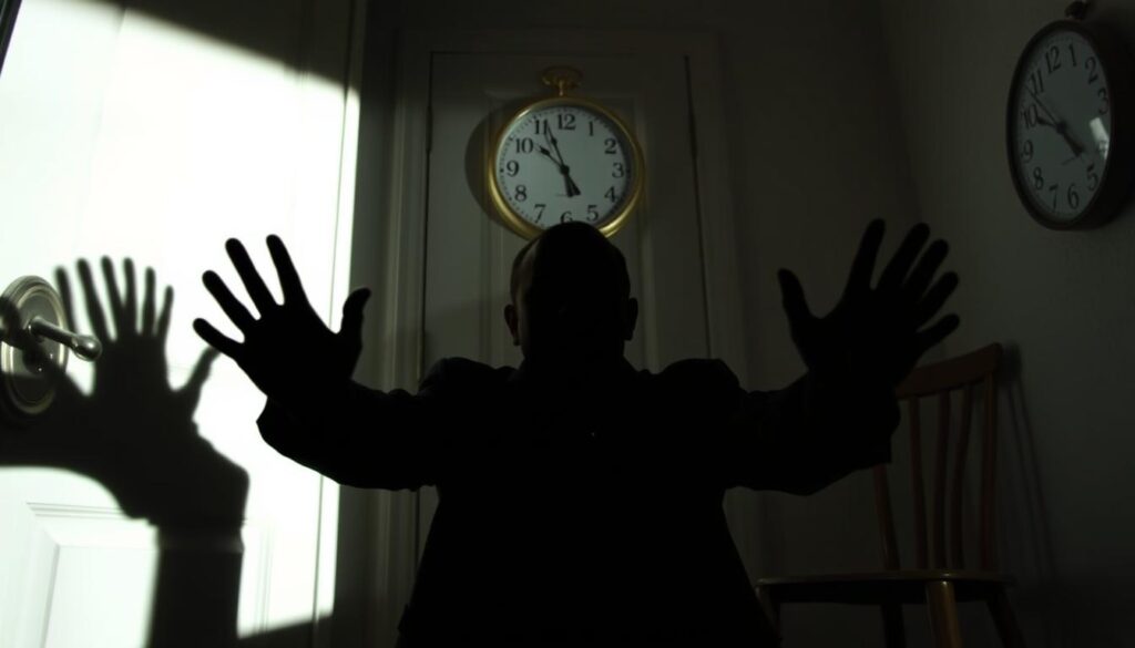 A shadowy figure stands in the foreground, hands raised in a controlling gesture. Behind them, a series of subtle but sinister signs emerge - a door handle angled just slightly off, a clock face tilted ever so slightly, a chair askew. The lighting is harsh, casting dramatic shadows that highlight the sense of unease and manipulation. The overall scene has a tense, unsettling atmosphere, hinting at the insidious ways controlling people exert their influence. The camera angle is low, emphasizing the power dynamic and making the viewer feel small and powerless. The entire image conveys the quiet, pervasive nature of controlling behavior.