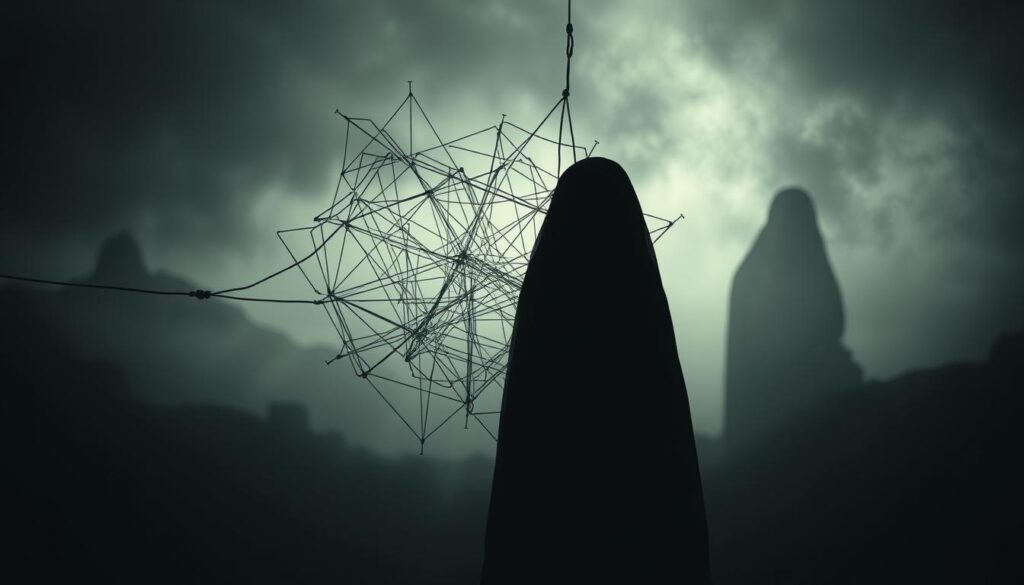 A shadowy figure stands in the foreground, their face obscured by a dark veil. In the middle ground, a tangled web of string and knots represents the complex web of manipulation tactics. The background is a hazy, dreamlike landscape, with distorted shapes and muted colors that evoke a sense of unease and emotional turmoil. Dramatic, low-key lighting casts dramatic shadows, adding to the sense of tension and psychological intensity. The overall atmosphere is one of deception, control, and the insidious nature of emotional manipulation.