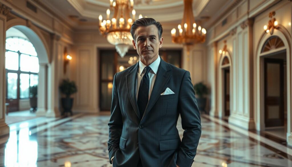 A sophisticated gentleman in a tailored suit stands confidently in a grand, marble-floored foyer. The lighting is warm and indirect, casting a flattering glow on his face. His posture is upright, exuding an air of authority. In the background, a large, ornate chandelier hangs from a high ceiling, adding a touch of opulence. The walls are adorned with intricate moldings, suggesting a space of power and privilege. The scene conveys a sense of status, influence, and the ability to manipulate social dynamics through the display of material wealth and refined appearance.