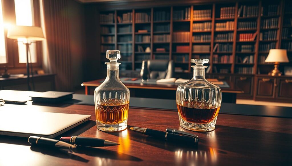A sophisticated office setting, illuminated by warm, directional lighting that casts dramatic shadows. In the foreground, an array of luxurious, high-end office accessories - a sleek laptop, an ornate pen, and a crystal decanter filled with amber liquid. The middle ground features a sprawling mahogany desk, meticulously organized, conveying an air of calculated precision. In the background, a floor-to-ceiling bookshelf, its volumes hinting at the owner's erudition. The overall atmosphere is one of enviable success, designed to subtly provoke a sense of lacking in the observer.