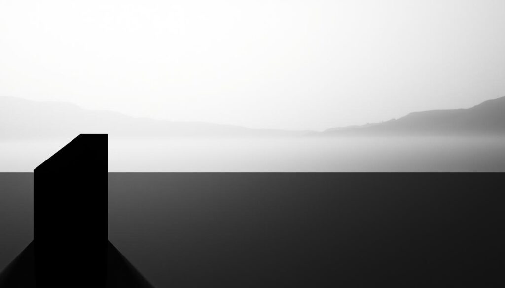 A stark, minimalist scene depicting the science of contrast and sensory adaptation. In the foreground, a simple black-and-white geometric shape, its stark lines and angles creating a striking visual impression. The middle ground features a subtle gradient, transitioning from light to dark, representing the mechanisms of visual perception and neural adaptation. In the background, a hazy, dreamlike landscape, suggesting the subjectivity and contextual nature of our sensory experiences. Dramatic, high-contrast lighting casts dramatic shadows, emphasizing the interplay of light and dark, inclusion and exclusion. An image that visually encapsulates the power of contrast to shape and manipulate our perceptions.
