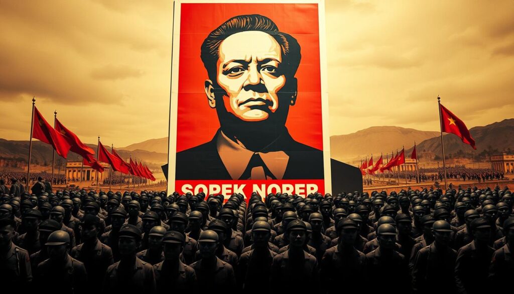 A stark propaganda poster dominates the frame, its bold colors and striking imagery commanding attention. In the foreground, a towering authoritarian figure looms, their face obscured by shadow, radiating an aura of menace and control. Beneath, a sea of faceless, subservient figures march in lockstep, their individuality subsumed by the collective. The background is a bleak, dystopian landscape, devoid of warmth and life, underscoring the oppressive nature of the scene. Dramatic chiaroscuro lighting casts dramatic shadows, heightening the sense of tension and unease. The overall effect is one of manipulation, coercion, and the erosion of independent thought - a powerful visual metaphor for the insidious nature of propaganda.