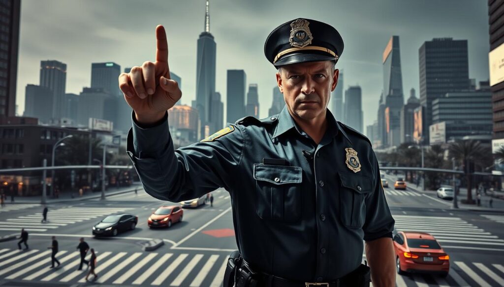 A stern-faced traffic cop stands with a raised hand, commanding a busy intersection. The foreground is a detailed, hyperrealistic rendering of the officer's uniform, belt, and reflective badge. The middle ground features a geometric grid of intersecting streets, with cars and pedestrians moving through the lanes. In the background, a cityscape of towering skyscrapers and neon signs creates a sense of urban density and orderliness. The lighting is high contrast, casting dramatic shadows and highlighting the authoritative posture of the officer. The overall mood conveys a sense of order, discipline, and the consequences of transgression, evoking the idea of firm, consequence-backed boundaries.