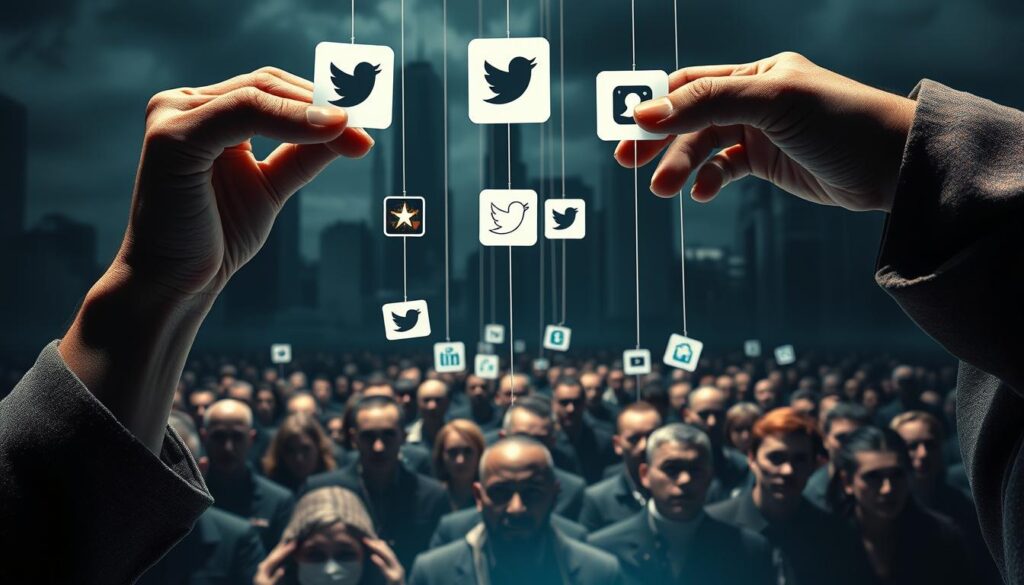 A striking digital manipulation depicting the power of social media in shaping perceptions. In the foreground, a pair of hands skillfully manipulate virtual strings attached to social media icons, representing the ability to control and influence online narratives. The middle ground features a crowd of faceless individuals, their expressions obscured, symbolizing the masses susceptible to such manipulation. The background is a dark, ominous cityscape, casting an ominous atmosphere and alluding to the far-reaching consequences of social media's influence. Dramatic lighting casts dramatic shadows, heightening the sense of control and the ominous nature of the scene. Rendered in a photorealistic style with a cinematic lens, this image powerfully illustrates the insidious nature of social media manipulation.