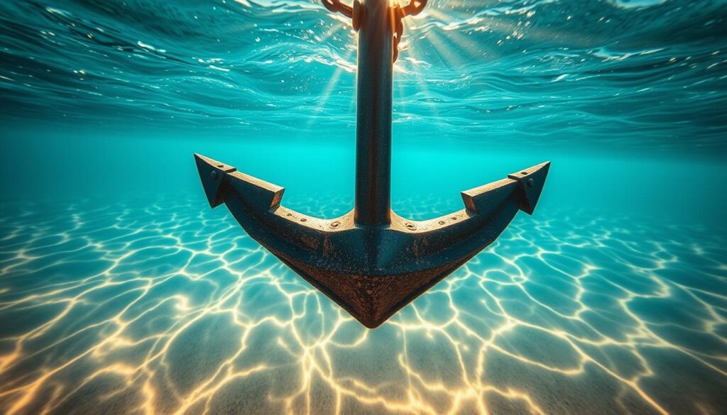 A sturdy ship's anchor descends into the clear, azure waters, casting its heavy chains and metal flukes into the sandy seafloor. The scene is captured from a low, dramatic angle, with the anchor's descent framed by the sun's shimmering rays breaking through the surface, casting a warm, golden glow. The tranquil, reflective nature of the water creates a sense of balance and stability, evoking the notion of securing one's position in a negotiation. The overall composition conveys a sense of control, power, and the ability to firmly establish one's stance, mirroring the "Anchoring in Negotiations" theme.