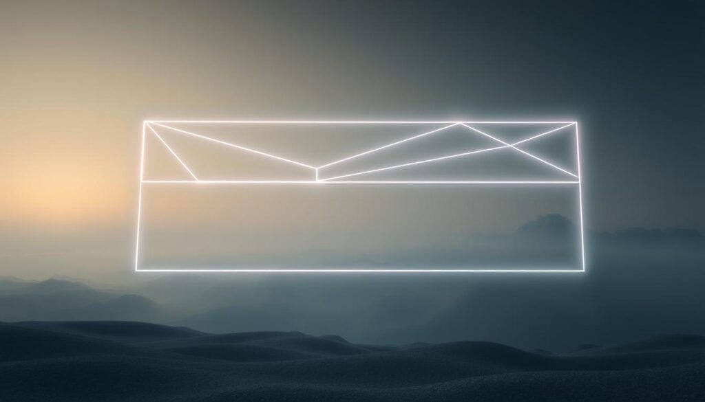 A surreal and conceptual image depicting the idea of "boundaries". In the foreground, a translucent geometric barrier made of glowing lines and shapes hovers in mid-air, subtly conveying the notion of personal space and limits. The background features a dreamlike, moody landscape with a distant horizon, soft lighting, and muted colors, creating an atmosphere of contemplation and introspection. The camera angle is slightly low, giving the viewer a sense of the barrier's imposing yet fragile nature. The overall composition is balanced and visually striking, inviting the viewer to ponder the importance of establishing and maintaining healthy boundaries.