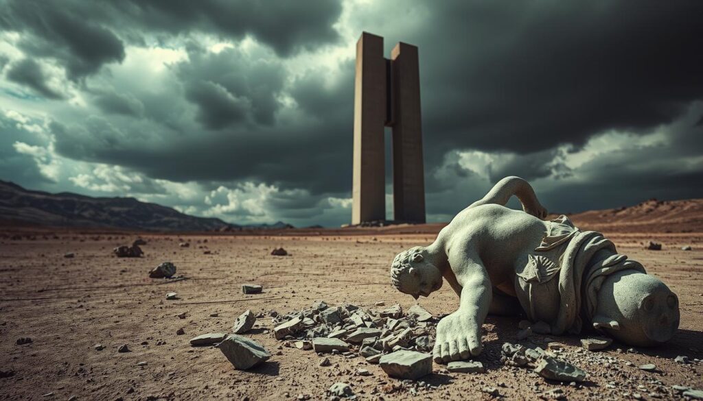 A surreal and unsettling scene of devaluation. In the foreground, a crumbling statue, once a symbol of affection, now lies broken and discarded, its fragments scattered across a barren, desaturated landscape. The middle ground is dominated by a towering, ominous structure, its austere, angular design evoking a sense of impersonal power. In the distant background, a stormy, turbulent sky casts an ominous shadow, heightening the sense of instability and decay. The lighting is harsh and unforgiving, casting sharp shadows and creating a sense of emotional distance. The overall mood is one of disillusionment, betrayal, and the sudden collapse of something once revered.