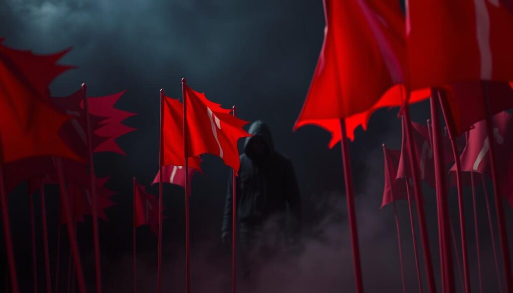 A surreal and unsettling scene of "fomo red flags" against a dark, ominous background. In the foreground, a cluster of ominous, pulsing red flags with sharp, jagged edges float ominously, casting an eerie glow. In the middle ground, a shadowy, faceless figure lurks, hinting at manipulation and exploitation. The background is a deep, inky void, filled with a sense of unease and impending danger. The lighting is dramatic, with harsh shadows and highlights, creating a sense of tension and unease. The overall mood is one of caution and warning, reflecting the need to be vigilant against the subtle signs of FOMO-based manipulation.