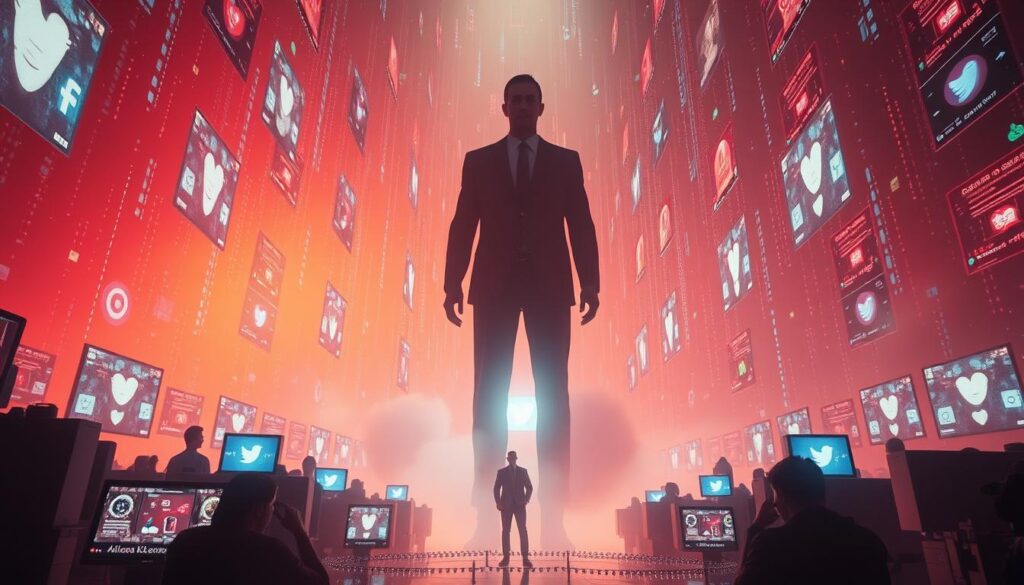 A surreal digital landscape, where a towering central figure symbolizes the omnipresence of social media. Amidst a backdrop of glowing screens, data streams, and abstract iconography, the figure looms, casting a shadow that envelops the environment. Warm, saturated hues evoke a sense of allure and seduction, while the overall composition conveys the inescapable influence of these platforms, where user choices are subtly guided and predetermined. Dramatic lighting, cinematic angles, and a sense of depth and scale emphasize the power dynamic at play, hinting at the illusion of free will in the digital realm.