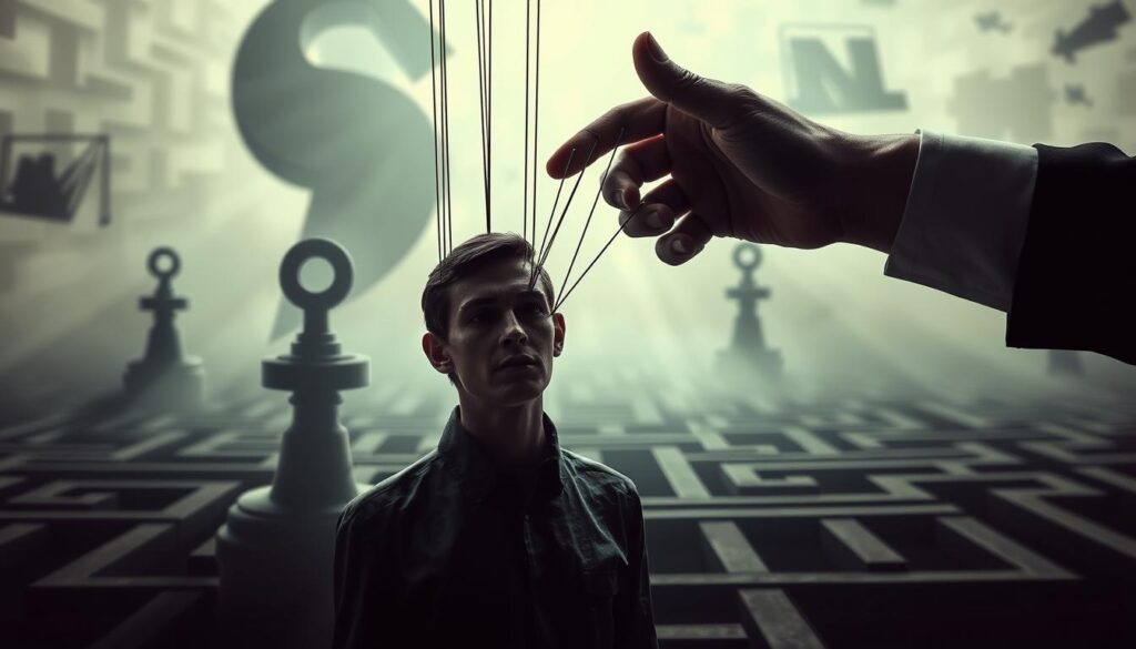 A surreal, high-contrast scene depicting manipulation tactics. In the foreground, a disembodied hand manipulates the strings of a human figure, whose expression is one of helpless resignation. The middle ground features a backdrop of distorted, maze-like shapes and patterns, casting an unsettling, labyrinthine atmosphere. The background is shrouded in a hazy, ethereal glow, creating a sense of unease and obfuscation. The lighting is dramatic, with sharp shadows and highlights emphasizing the sense of control and coercion. The overall composition conveys a metaphorical representation of the insidious nature of manipulation tactics and their ability to ensnare and subvert the will of the individual.