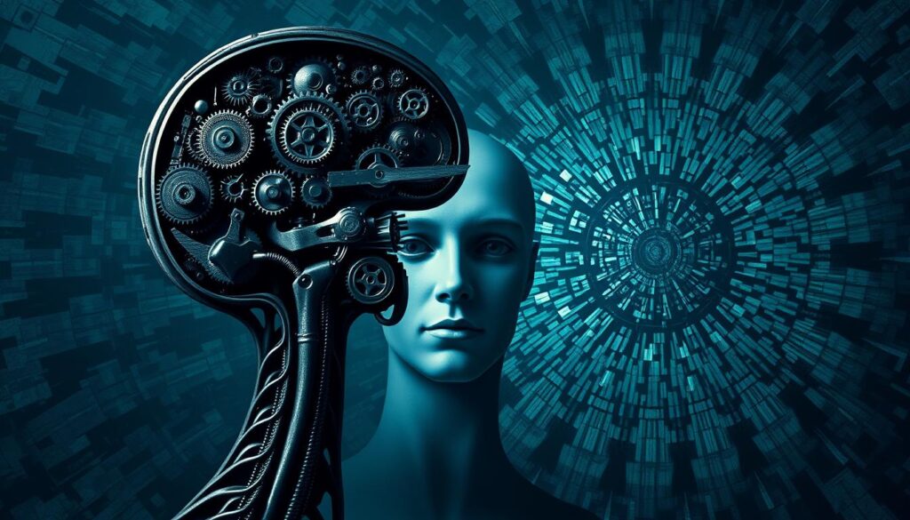 A surreal illustration of the complex mechanics that drive narcissistic personality traits. In the foreground, a detailed, anatomical cross-section reveals the intricate inner workings of a human mind, with cogs, gears, and circuits intertwined. Subtle lighting casts deep shadows, lending an ominous, unsettling atmosphere. The middle ground features a disembodied, mask-like face, its expression neutral yet unsettling. In the background, a swirling, kaleidoscopic pattern of disjointed, fragmented shapes and colors, suggesting the chaotic, unstable nature of the narcissistic psyche. The composition conveys a sense of the cold, impersonal machinery that underlies the manipulation and abuse perpetuated by those with narcissistic personality disorder.