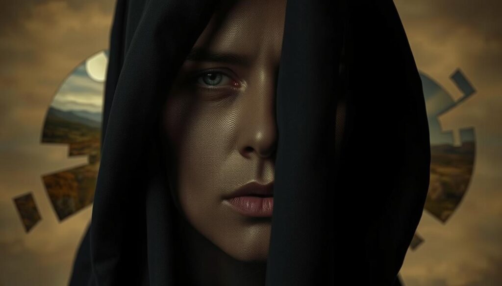 A surreal, introspective portrait of the emotional and psychological toll of deception. In the foreground, a pensive figure's face is partially obscured by a shadowy veil, conveying a sense of hidden turmoil. The middle ground features a backdrop of fragmented, dreamlike landscapes, reflecting the complex, fragmented psyche. Warm, muted tones create an atmosphere of introspection, while carefully placed highlights and chiaroscuro lighting dramatize the subject's contemplative expression. Soft, diffused edges blend the elements, evoking a sense of the subconscious and the ephemeral nature of emotional truth.