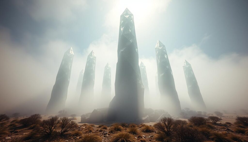 A surreal landscape of towering, crystalline structures emerging from a mist-shrouded terrain. Intricate, faceted forms glisten with an otherworldly radiance, anchoring the viewer in a sense of grounded, tangible reality amidst the ethereal atmosphere. Soft, diffused lighting casts long shadows, creating a sense of depth and dimensionality. The camera angle is low, emphasizing the monumental scale of the "reality anchors" and their steadfast, immutable presence. The overall tone is one of contemplation and clarity, guiding the viewer towards a deeper understanding of the forces that shape their perceptions.