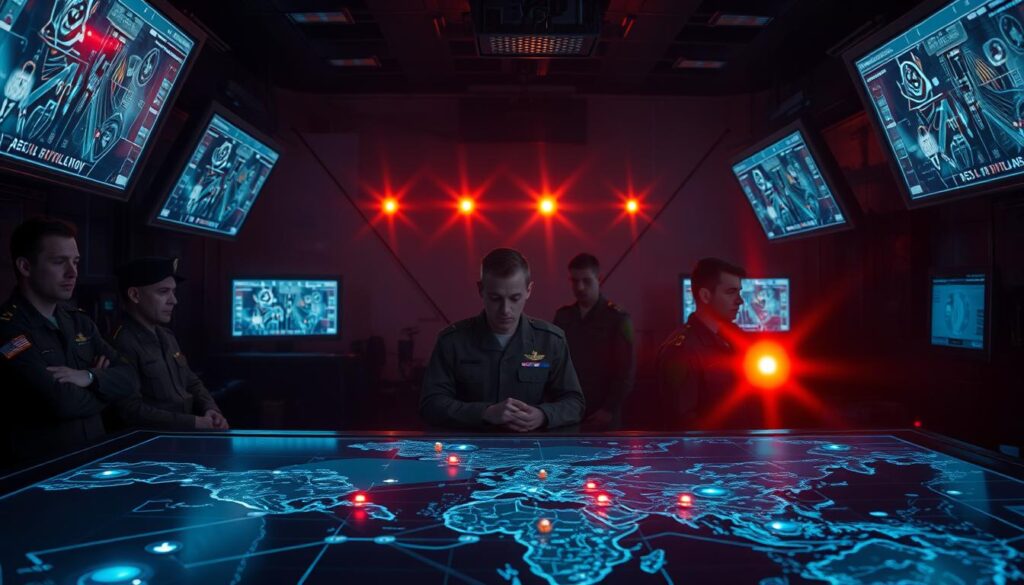 A tactical command center, illuminated by the glow of holographic displays. In the foreground, tactical markers and symbols hover over a 3D map, indicating the deployment of forces. In the middle ground, military personnel in uniform study the situation intently, their expressions focused and determined. The background is shrouded in darkness, save for the occasional flash of strategic lights, creating an atmosphere of high-stakes decision-making. The scene conveys a sense of precision, control, and the calculated execution of a well-crafted plan.