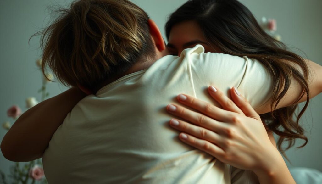 A tender embrace between two individuals, one enveloping the other in a warm, all-encompassing hug. Soft lighting casts a gentle glow, creating an intimate and affectionate atmosphere. The subject's faces are obscured, emphasizing the emotional connection rather than physical details. Delicate floral accents in the background suggest an idyllic, romantic setting, while the overall composition conveys a sense of vulnerability and emotional vulnerability. The scene evokes a powerful, yet potentially manipulative, display of affection and attention.