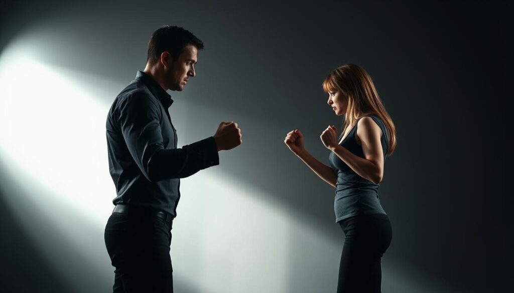A tense, confrontational scene of two figures engaged in a nonverbal power struggle. In the foreground, a man and woman stand facing each other, their bodies and gazes locked in a fierce battle of dominance and submission. The man's posture is upright and imposing, his chin tilted defiantly, while the woman's frame is slightly hunched, her eyes downcast, yet her fists clenched with restrained defiance. The background is a dimly lit, minimalist setting, casting dramatic shadows that heighten the intensity of the moment. The lighting is moody and chiaroscuro, creating a sense of high-stakes drama. The composition is balanced yet charged, capturing the subtle yet unmistakable currents of nonverbal control.