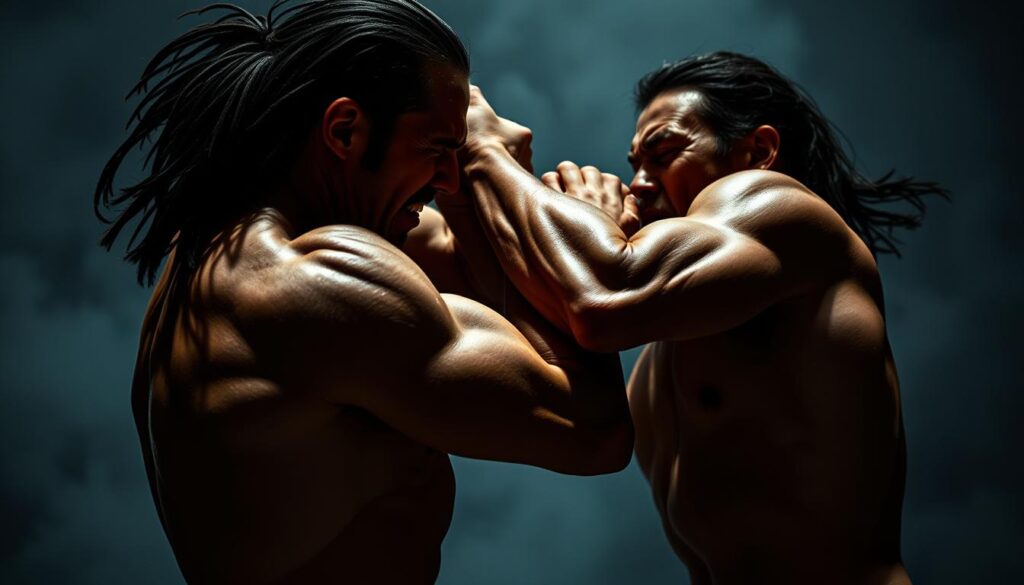 A tense, high-contrast scene of two figures in an intense power struggle, their bodies locked in a battle for control. The foreground shows their intertwined limbs, muscles straining as they grapple and push against one another, faces twisted in expressions of determination and dominance. The middle ground is hazy, obscuring the background and creating a sense of claustrophobia and urgency. Dramatic lighting casts sharp shadows, emphasizing the tension and drama of the moment. The overall atmosphere is one of raw, visceral conflict, with the viewer drawn into the visceral struggle for authority and submission.