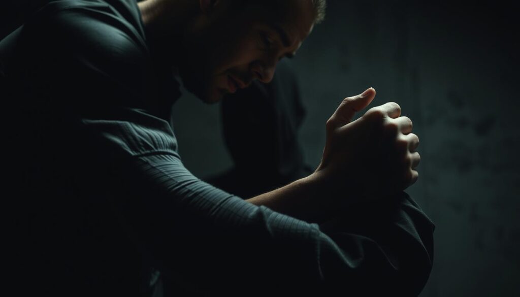 A tense, unsettling scene of manipulation and control. In the foreground, a figure looms over another, their hands grasping the other's arms in a vice-like grip. Expressions are obscured, creating a sense of unease and power imbalance. The middle ground is shrouded in shadows, hinting at the underlying psychological turmoil. The background is blurred, creating a sense of isolation and claustrophobia. Dramatic low-key lighting casts harsh shadows, emphasizing the drama and tension. The overall mood is one of menace, coercion, and the darker aspects of human nature.