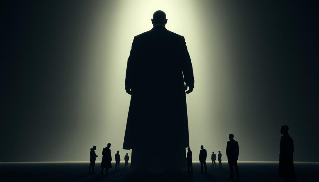 A towering, dominant figure stands in the foreground, casting a long, imposing shadow over the scene. Backlit by a dramatic chiaroscuro lighting, the subject's stature and imposing presence command attention. In the middle ground, smaller figures cower and shrink in comparison, their body language reflecting a sense of deference and submission. The background is a minimal, sterile environment, devoid of distractions, emphasizing the power dynamics at play. An eerie, tense atmosphere pervades the image, subtly conveying the notion that size and scale are the true arbiters of influence and authority.