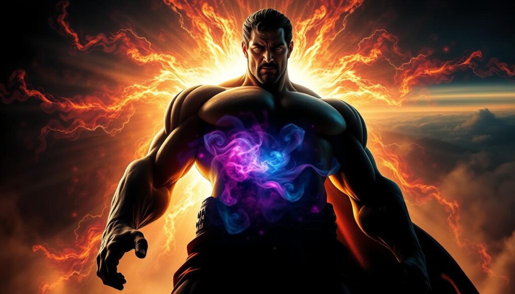 A towering figure, radiating an aura of unwavering resolve, stands defiantly against a backdrop of swirling energy. Dramatic lighting casts sharp shadows, accentuating the sculpted musculature and determined expression. The subject's pose conveys a sense of inner strength and control, unflinching in the face of adversity. In the middle ground, a nebulous force field pulses with vibrant hues, suggesting the untapped potential within. The distant horizon is shrouded in a haze of mist, hinting at the challenges yet to be overcome. This image captures the essence of power, a testament to the indomitable spirit that can be reclaimed when faced with manipulation and dependence.
