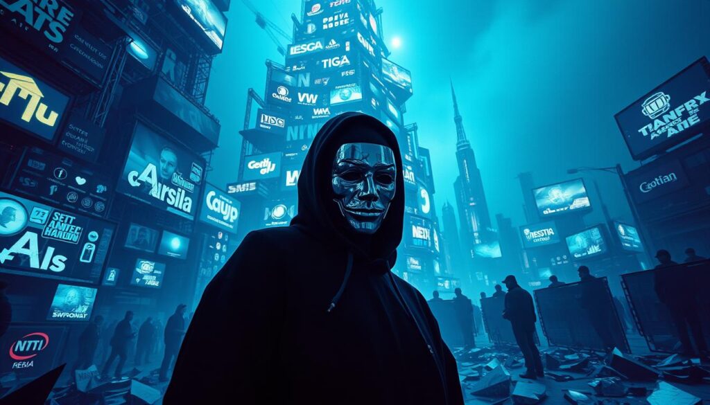 A towering spire of distorted media channels, broadcasting a cacophony of manipulated narratives. In the foreground, a shadowy figure pulls the strings, their face obscured by a mirrored mask reflecting the digital landscape. The scene is bathed in an eerie, blue-tinted glow, evoking the cold, impersonal nature of mass-scale media control. Jagged shards of broken glass litter the ground, symbolizing the fragmentation of truth. The composition conveys a sense of overwhelming power and the insidious nature of industrial-scale media manipulation shaping public opinion.