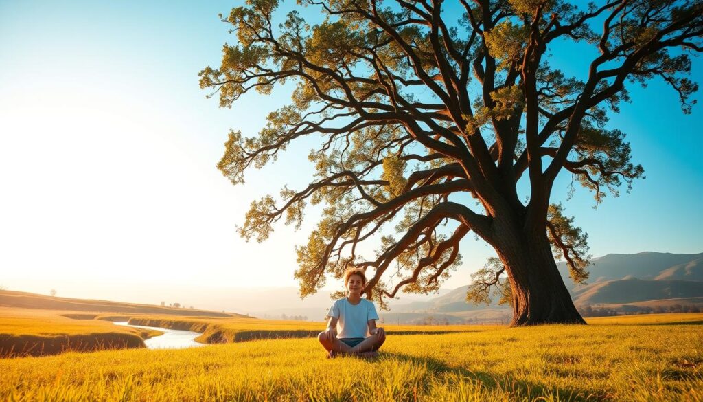 A tranquil meadow bathed in soft, golden light. In the foreground, a towering oak tree stands with its branches reaching skyward, a symbol of strength and resilience. Beneath the tree, a young person sits cross-legged, their face radiant with a serene expression, embodying a sense of inner peace and trust. The middle ground reveals a winding stream, its gentle currents reflecting the clear blue sky above. In the distance, rolling hills emerge, their silhouettes fading into the hazy horizon, conveying a sense of expansiveness and possibility. The scene exudes a calming, introspective atmosphere, inviting the viewer to pause, reflect, and trust in the natural order of things.