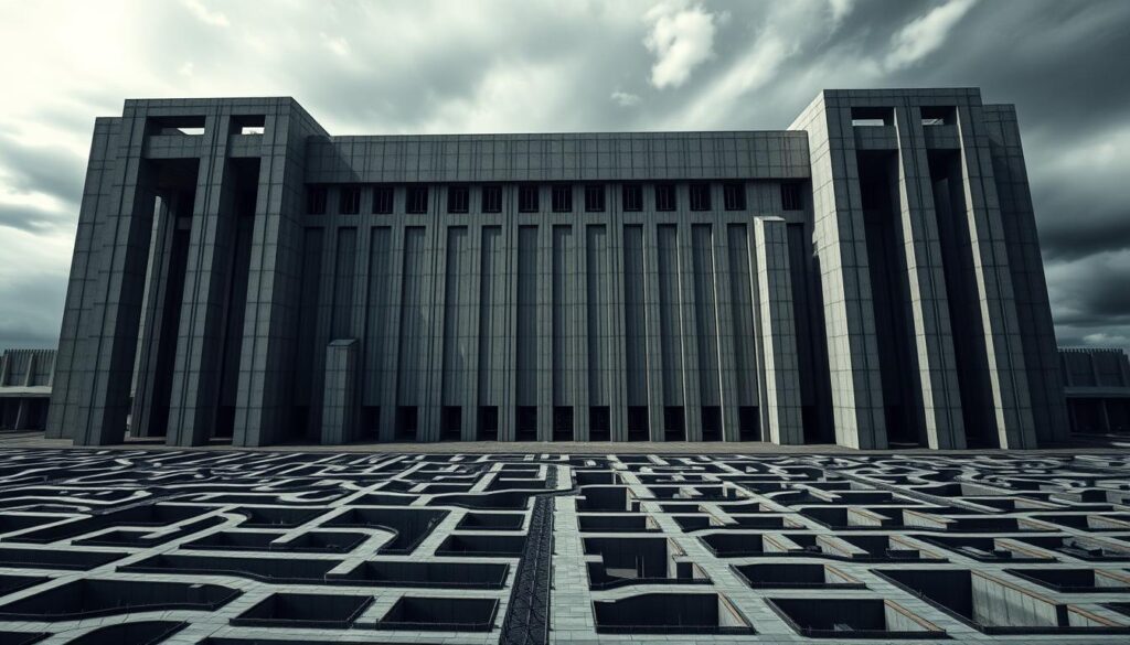 A vast, imposing structure dominates the frame, its architectural design evoking a sense of control and surveillance. Towering columns support a geometric facade, their sharp angles and clean lines conveying an aesthetic of calculated precision. In the foreground, a maze of interconnected pathways winds through the structure, suggesting a complex system of movement and oversight. The lighting is harsh and directional, casting long shadows that accentuate the building's imposing presence. The sky above is an ominous shade of grey, adding to the atmosphere of unease and suppression. The overall impression is one of a deliberate, unyielding architecture designed to shape and constrain the behavior of those within its domain.
