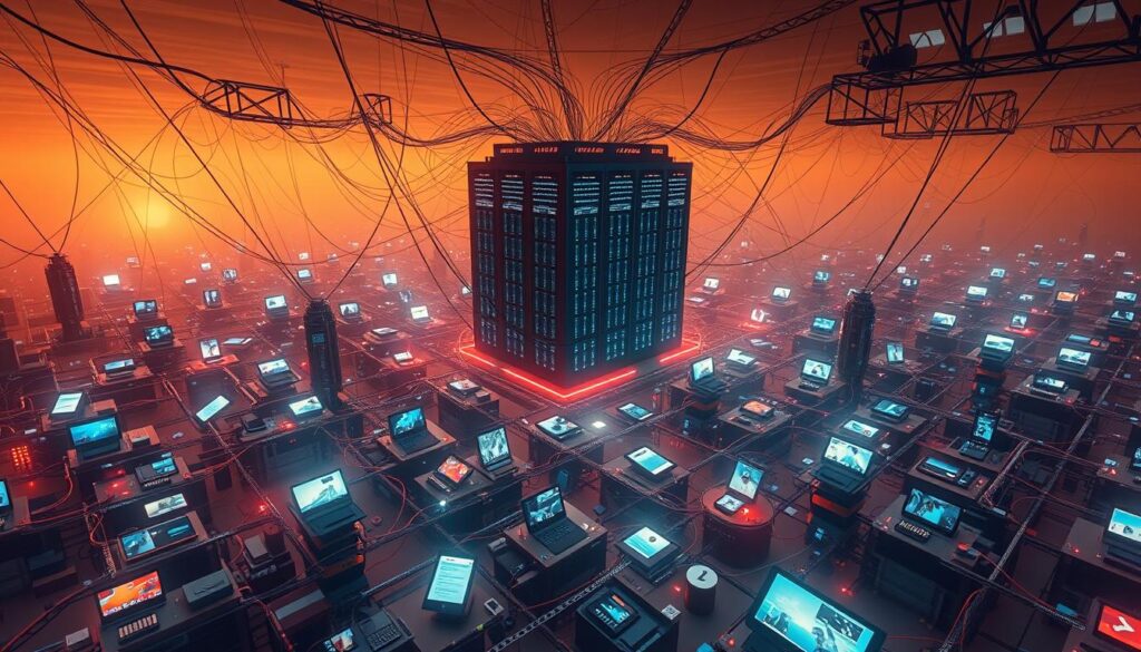 A vast social media landscape, with intricate webs of interconnected platforms and devices. In the foreground, a maze-like structure of scrolling feeds, targeted ads, and algorithmic curation, trapping users in a perpetual cycle of engagement. The middle ground features a towering data center, its blinking lights and cooling fans symbolizing the unseen machinery powering the manipulation. The background depicts a hazy, distorted world, a representation of the warped reality and biased narratives that social media can propagate. Warm, saturated tones create an immersive, almost seductive atmosphere, hinting at the allure and addictive nature of these digital ecosystems. Dramatic angles and a sense of claustrophobia convey the oppressive nature of social media's influence over our beliefs and perceptions.