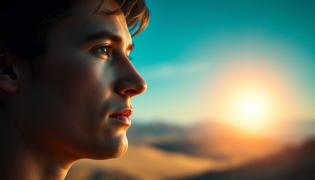 A vibrant, hyper-realistic scene depicting the "show true" concept. In the foreground, a person's face is prominently displayed, their expression conveying a sense of revelation and authenticity. The middle ground features a glowing, ethereal light source, casting a warm, uplifting glow over the subject, symbolizing the "true self" being unveiled. The background is a soft, blurred landscape, suggesting a serene, introspective setting, allowing the viewer to focus on the central figure. Lighting is natural, with subtle shadows and highlights accentuating the subject's features. The overall tone is one of honesty, self-reflection, and personal growth, capturing the essence of the "Pygmalion Effect" and its impact on human behavior.