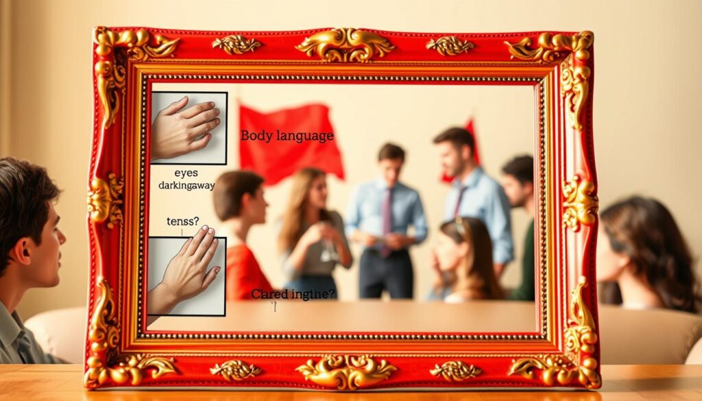 A well-lit scene showcasing various "red flags" that indicate potential issues during conversations. The foreground features a vibrant red frame with an ornate, gilded design, drawing the viewer's attention. Within the frame, a series of visual cues are displayed, such as a hand covering the mouth, eyes darting away, and a tense, closed-off body language. The middle ground depicts a group of people engaged in conversation, their expressions and gestures hinting at underlying tensions or discomfort. The background is a softly blurred, neutral setting, allowing the focal points to stand out. The lighting is warm and natural, creating a sense of immediacy and realism. The overall composition and color palette convey a mood of observation and awareness, encouraging the viewer to closely examine the subtle nonverbal signals.