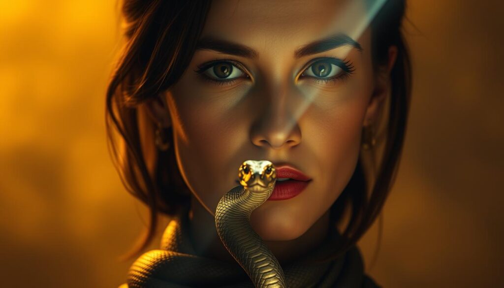 A woman's face, illuminated by a warm, golden light, exudes an aura of subtle, calculated charm. Her eyes are locked onto the viewer, her expression a masterful blend of innocence and guile. In the middle ground, a serpent-like figure, its scales shimmering, coils around her neck, symbolizing the deceptive nature of her flattery. The background fades into a hazy, dreamlike realm, suggesting the subversive power of her words to manipulate and control. Shooting through the scene, a single shaft of light casts an ominous shadow, hinting at the darker psychological undercurrents of this scene of ostensible admiration.
