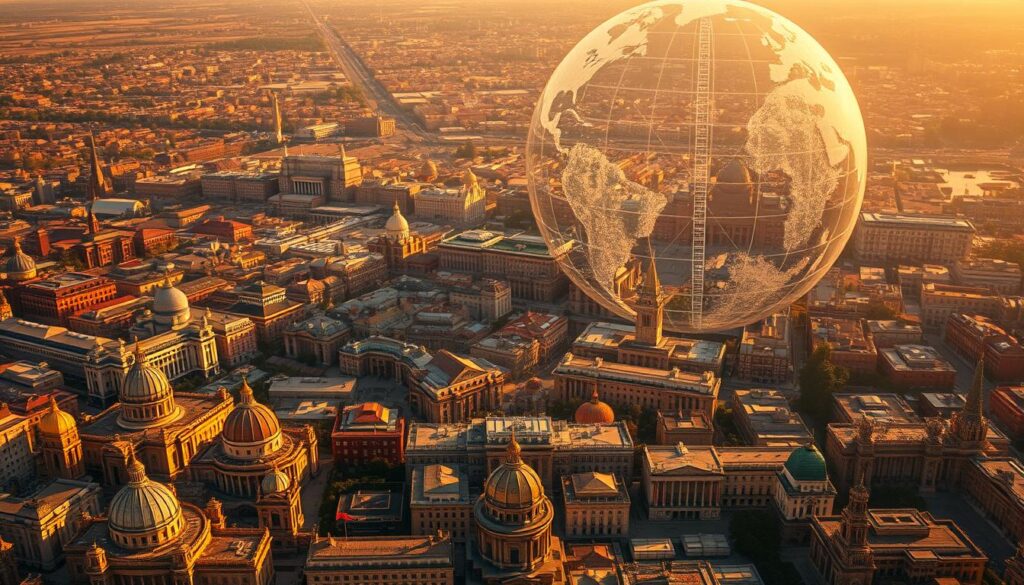 An aerial view of the world, illuminated by a warm, golden light. In the foreground, a diverse array of democratic nations, each with its unique architecture and symbols of governance. In the middle ground, a tapestry of interconnected cities, bustling with activity and the exchange of ideas. In the background, a shimmering, translucent globe, representing the interconnectedness of global political systems. The scene conveys a sense of unity and shared democratic values, tempered by the complexities of international influence and the delicate balance of national sovereignty. The overall atmosphere is one of contemplation and the recognition of the intricate web of global politics.