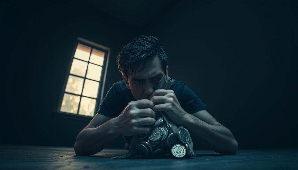 An anxious figure trapped in a dark, oppressive room, their face twisted with worry as they cling to a bag of coins, the weight of their losses holding them back. The room is dimly lit, with a single window offering a glimpse of a brighter, more prosperous world beyond their grasp. The scene is rendered in a somber, muted palette, conveying the heavy emotional toll of loss aversion. The camera angle is low, looking up at the figure, emphasizing their sense of entrapment and the power of their fears. The overall atmosphere is one of psychological tension and the paralysis of indecision, encapsulating the core mechanics of the loss aversion bias.