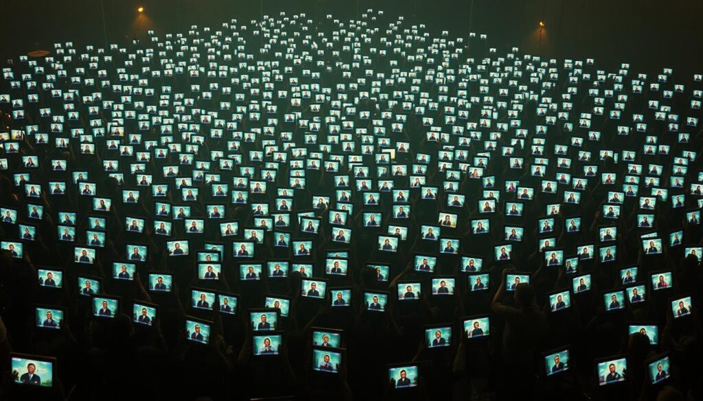 An endless sea of identical social media posts, meticulously crafted to create an illusion of consensus. A dazzling array of digital devices, their screens aglow with carefully curated narratives, amplifying the same message in perfect unison. Subtle shadows cast by unseen puppeteers, orchestrating a symphony of influence behind the scenes. Warm, diffused lighting bathes the scene, lending an air of credibility to the manufactured reality. A wide, cinematic lens captures the scale of this digital echo chamber, where truth becomes obscured by the deafening roar of collective agreement.