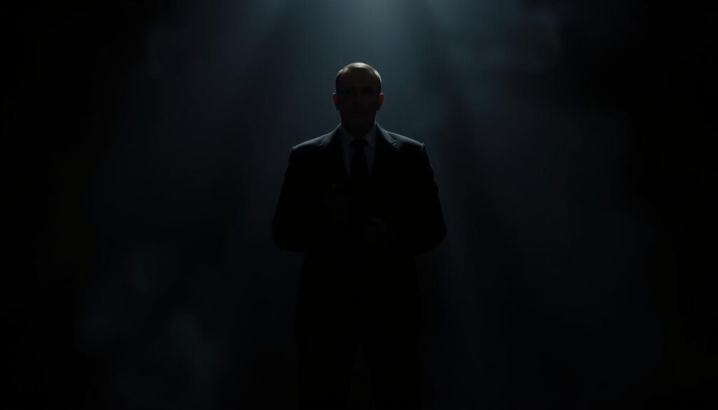 An ominous figure stands at the center, their body language exuding a dark, commanding presence. Shadows loom in the background, creating a sense of mystery and unease. The lighting is dramatic, casting sharp contrasts that accentuate the subject's imposing posture and subtle, calculated gestures. The scene is captured through a wide-angle lens, emphasizing the subject's dominance and the underlying tension in the environment. This image evokes the subtle, manipulative power of nonverbal communication, hinting at the hidden influence of body language in power dynamics.