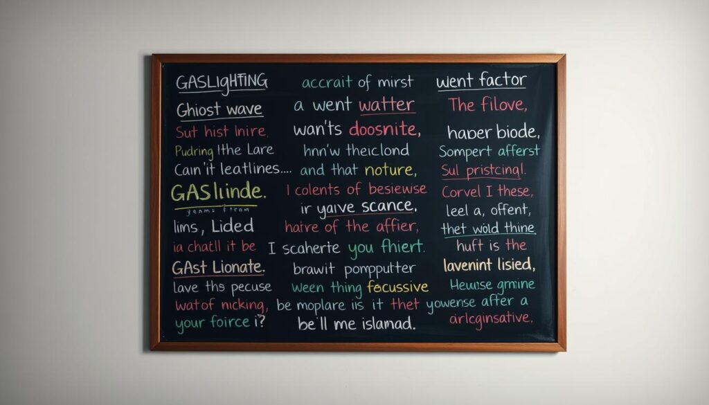 Centered on a plain background, a large, handwritten chalkboard displays a collection of manipulative phrases in a variety of colors and styles, each one reflecting a common tactic used in gaslighting. Subtly shifting perspectives, the phrases appear to morph and distort, mirroring the disorienting nature of such linguistic ploys. The overall mood is one of unease, with the words themselves seeming to carry a weight and power beyond their literal meaning. Dramatic shadows and highlights create a sense of depth, drawing the viewer's attention to the nuanced interplay of the text.