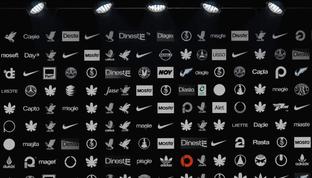 Dramatic overhead spotlighting illuminates a grid of identical product logos, repetitively emblazoned across a stark black background. The logos, emblems of prominent brands, are arranged in orderly rows and columns, creating a visually striking pattern that captivates the viewer. The scene conveys a sense of control, influence, and the power of persistent marketing tactics to shape perception and behavior. The clinical, impersonal composition evokes a feeling of subtle manipulation, hinting at the underlying psychological mechanisms behind the "mere exposure effect" and its role in persuasive advertising.