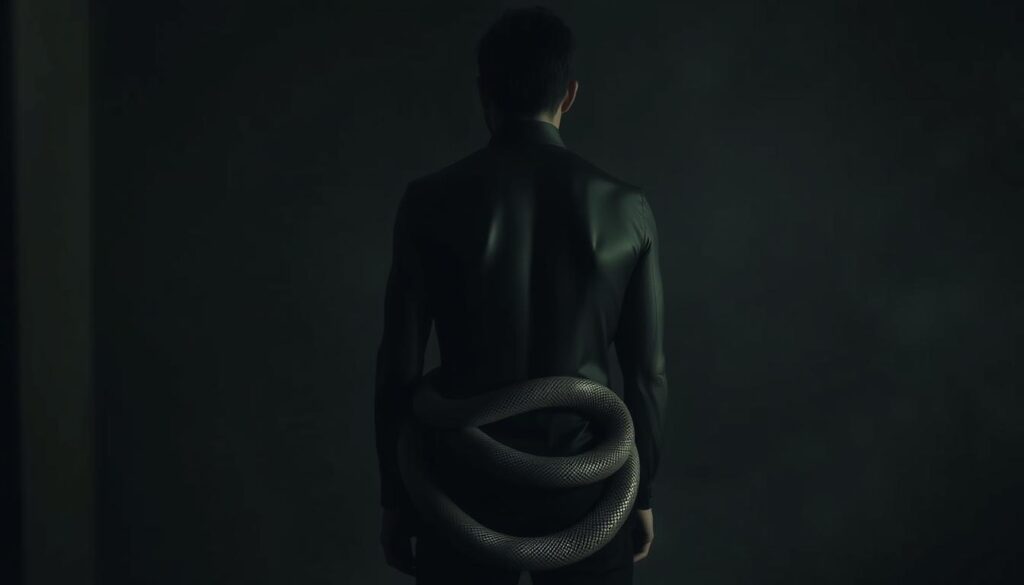In a dimly lit room, a figure stands with their back to the viewer, casting a long, ominous shadow. The figure's face is obscured, their expression hidden. Coiled around their body is a serpentine form, its scales glistening in the low light, suggesting a metaphorical entanglement of intimacy and control. The background is hazy, with muted colors and a sense of unease, emphasizing the tension and manipulation at the heart of the scene. The overall atmosphere is one of power, vulnerability, and the unsettling interplay between the two.