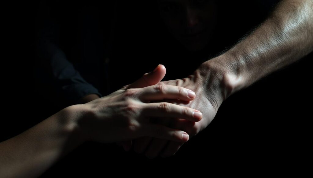 Manipulation scripts relationship: A darkly intimate tableau. In the foreground, a pair of hands entwined, fingers intertwined in a deceptive embrace. The middle ground reveals the faces of the individuals, expressions masked in ambiguity - a twisted game of emotional manipulation playing out. The background is shadowed, hinting at the covert nature of their interactions, a web of deceit woven through the tendrils of trust. Dramatic chiaroscuro lighting casts dramatic shadows, highlighting the tension and unease. The scene evokes a sense of unease, a cautionary tale of the dangers that lurk beneath the surface of seemingly loving relationships.
