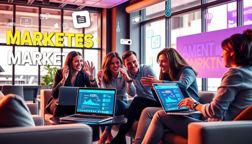 Marketers share content: a dynamic scene of professionals collaborating, laptop screens displaying data, vibrant colors and bold typography creating an energetic, impactful atmosphere. A modern office setting with sleek furniture, large windows allowing natural light to filter in. The team is engaged, gesturing enthusiastically, brainstorming ideas to craft compelling marketing campaigns. Subtle hints of social media icons, analytics graphs, and digital marketing tools convey the strategic, data-driven nature of their work. The overall tone is one of creative inspiration, innovation, and a shared sense of purpose to drive meaningful engagement with their audience.